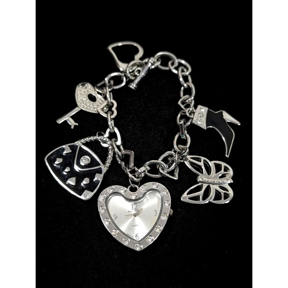 Ashley Stewart Charm Bracelet Watch Heart‎ Butterfly Shoe New Battery 9